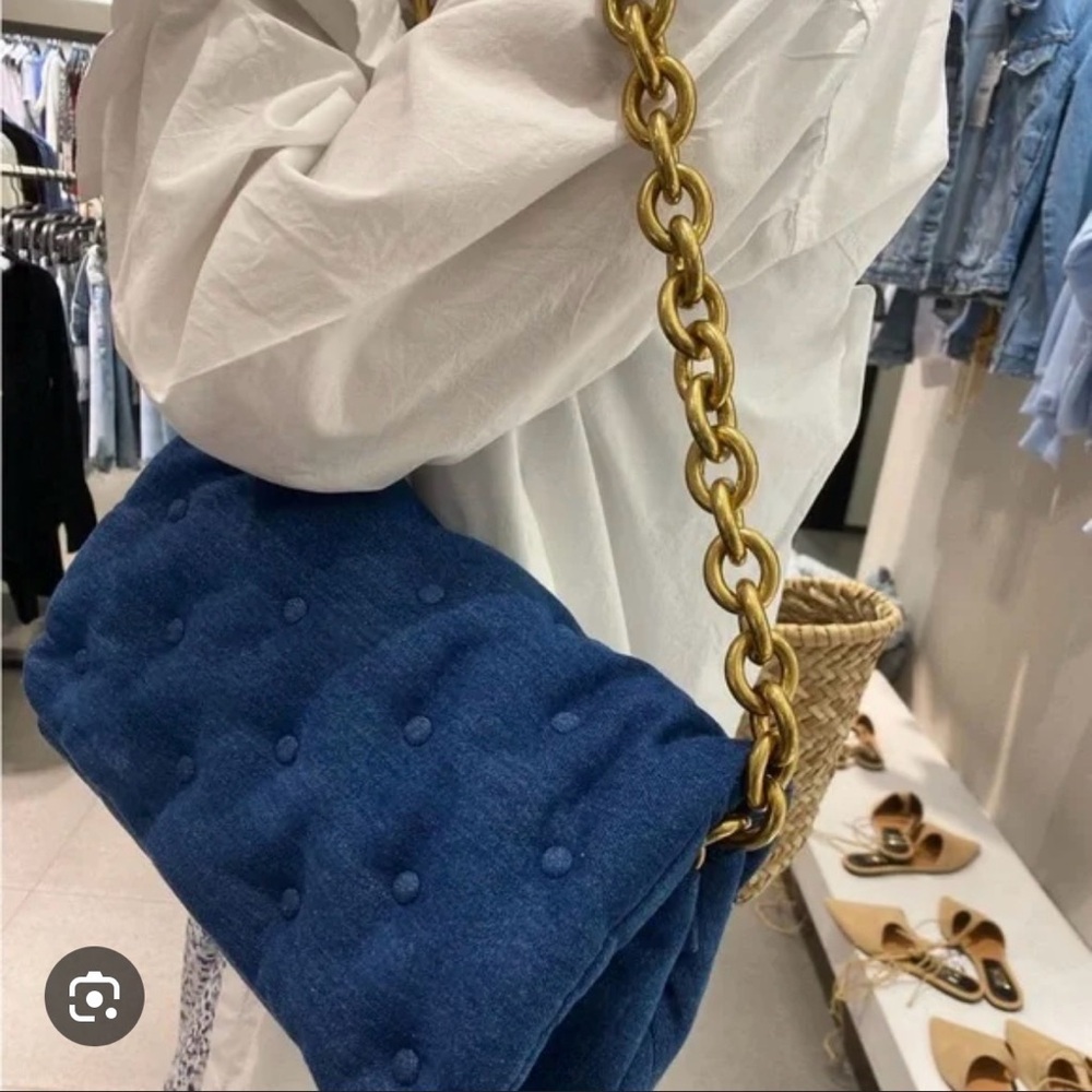 Zara Denim Quilted Shoulder Bag with Gold Chain